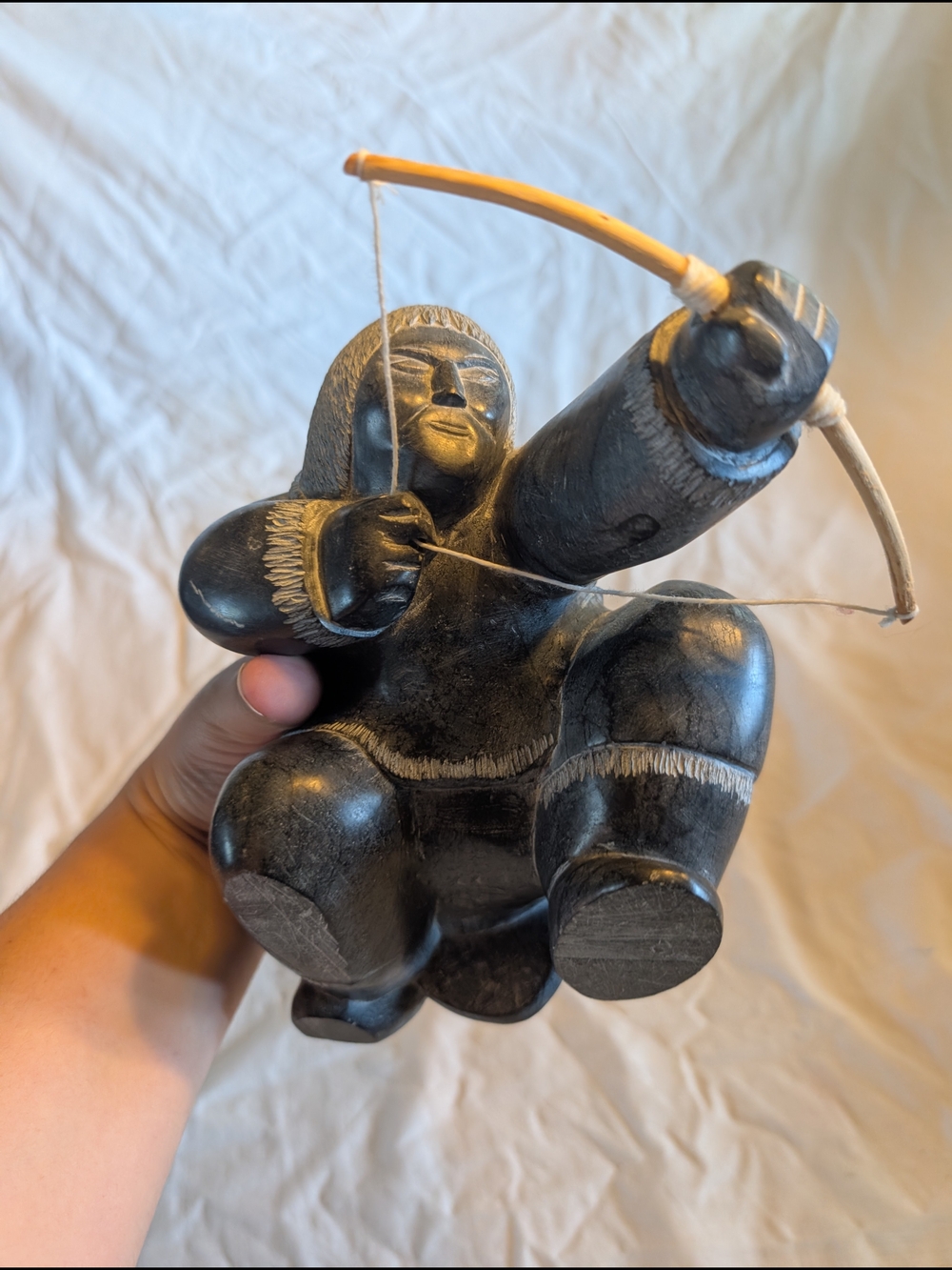 2/140$ Vintage Black Inuit Archer Sculpture with Natural Bow
